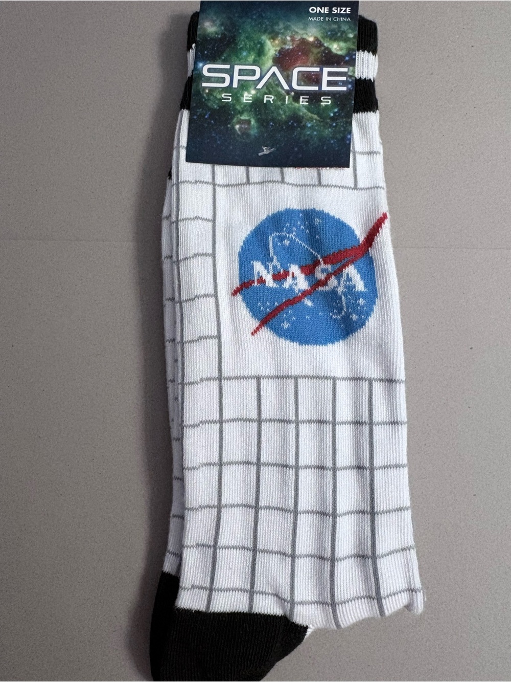 Space Series NASA Graphic White & Grey Check Print Crew Socks One Size NWT